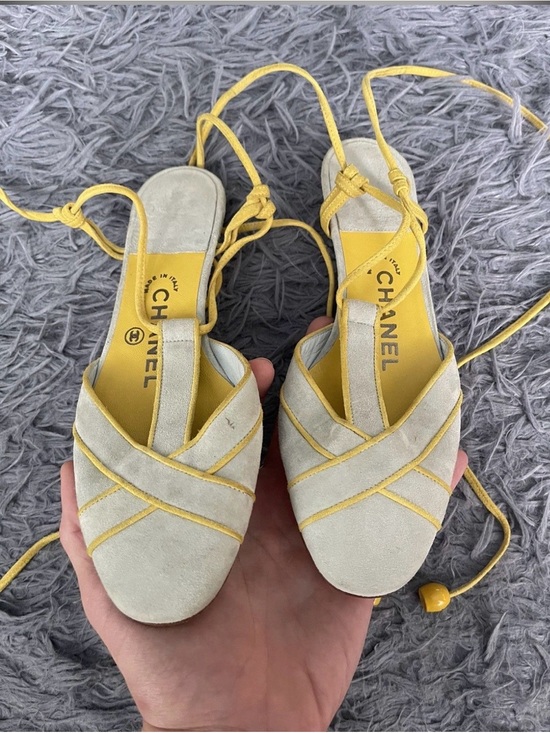 CHANEL Shoes - Vintage Chanel pale yellow and off-white suede lace-up flat sandals